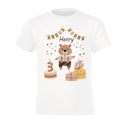 Kinder T-Shirt zum Geburtstag mit Bärmotiv, personalisiert mit Wunschname und Zahl, Geburtstagsshirt aus Baumwolle