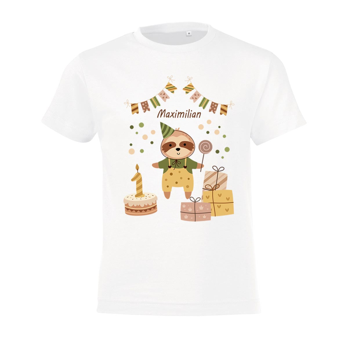 Kinder T-Shirt zum Geburtstag mit Faultiermotiv, personalisiert mit Wunschname und Zahl, Geburtstagsshirt aus Baumwolle