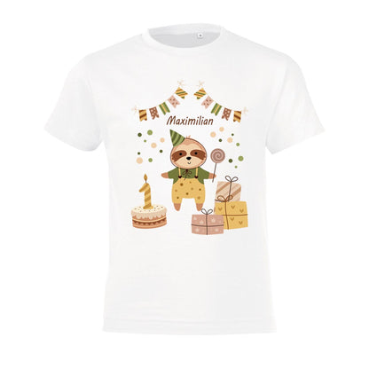 Kinder T-Shirt zum Geburtstag mit Faultiermotiv, personalisiert mit Wunschname und Zahl, Geburtstagsshirt aus Baumwolle