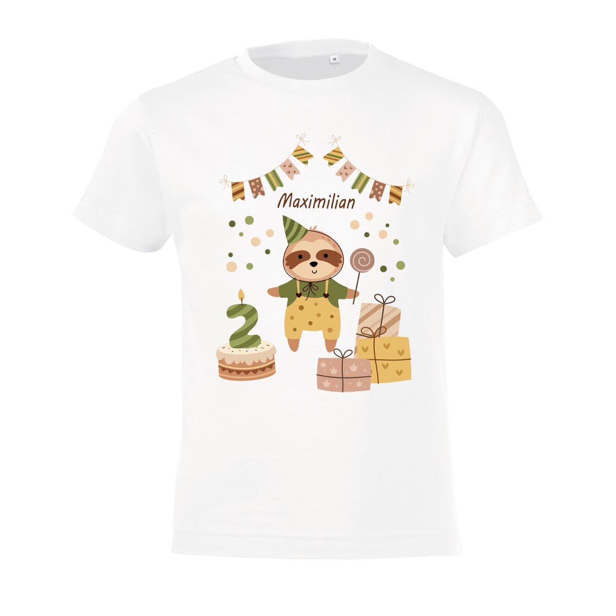 Kinder T-Shirt zum Geburtstag mit Faultiermotiv, personalisiert mit Wunschname und Zahl, Geburtstagsshirt aus Baumwolle