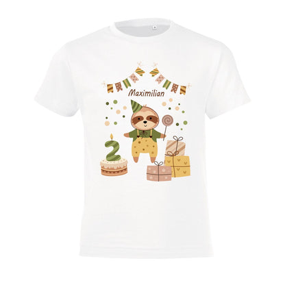 Kinder T-Shirt zum Geburtstag mit Faultiermotiv, personalisiert mit Wunschname und Zahl, Geburtstagsshirt aus Baumwolle