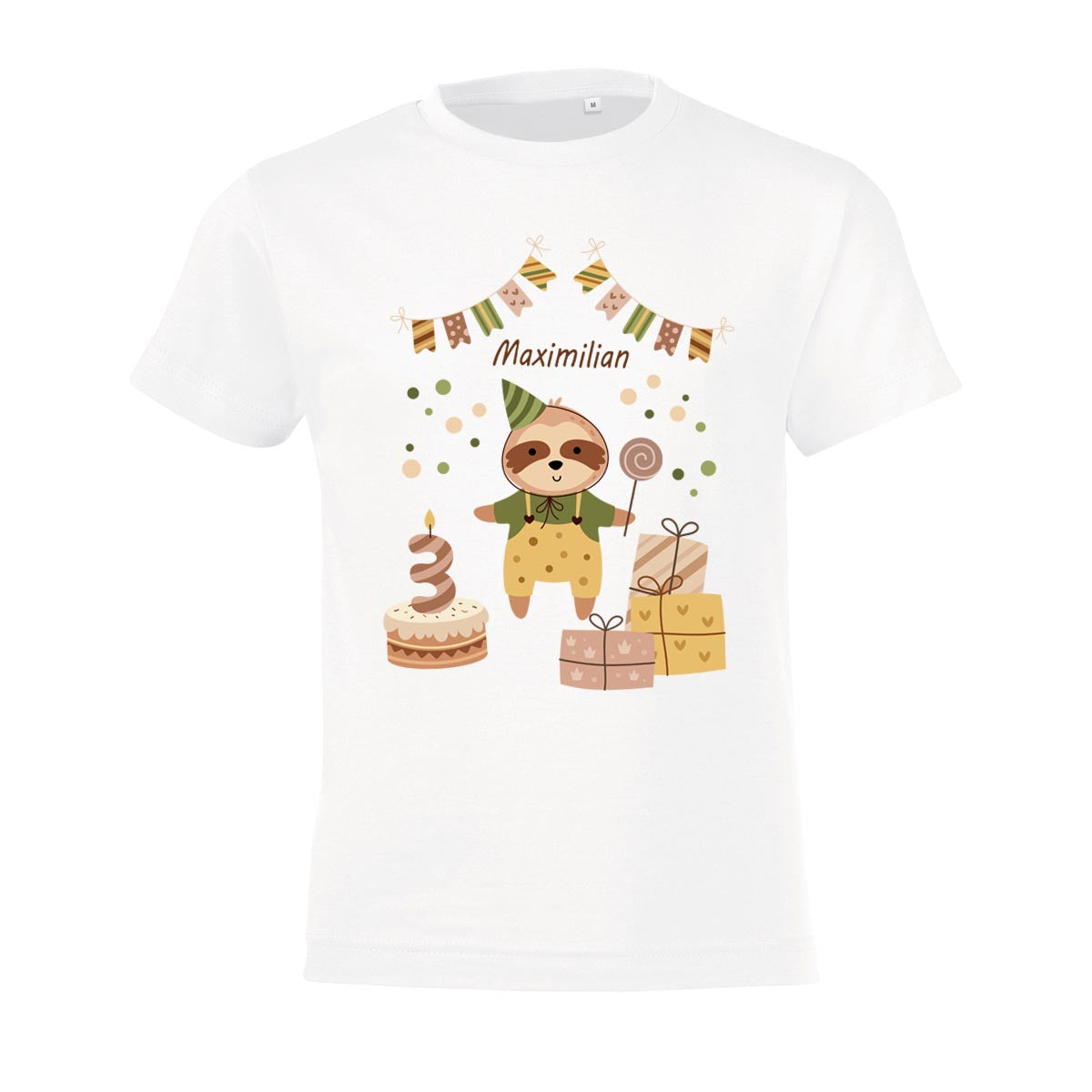Kinder T-Shirt zum Geburtstag mit Faultiermotiv, personalisiert mit Wunschname und Zahl, Geburtstagsshirt aus Baumwolle