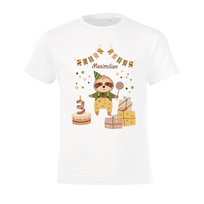 Kinder T-Shirt zum Geburtstag mit Faultiermotiv, personalisiert mit Wunschname und Zahl, Geburtstagsshirt aus Baumwolle