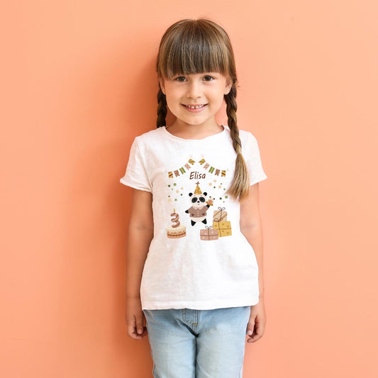 Kinder T-Shirt zum Geburtstag mit Pandamotiv, personalisiert mit Wunschname und Zahl, Geburtstagsshirt aus Baumwolle