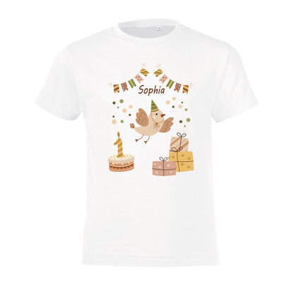 Kinder T-Shirt zum Geburtstag mit Vogelmotiv, personalisiert mit Wunschname und Zahl, Geburtstagsshirt aus Baumwolle