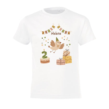 Kinder T-Shirt zum Geburtstag mit Vogelmotiv, personalisiert mit Wunschname und Zahl, Geburtstagsshirt aus Baumwolle