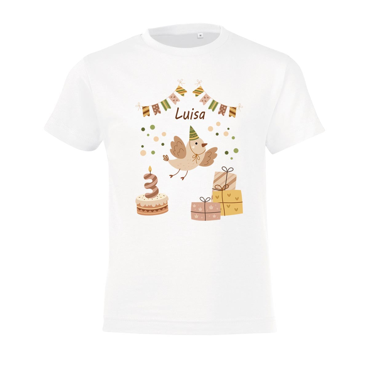 Kinder T-Shirt zum Geburtstag mit Vogelmotiv, personalisiert mit Wunschname und Zahl, Geburtstagsshirt aus Baumwolle