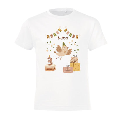 Kinder T-Shirt zum Geburtstag mit Vogelmotiv, personalisiert mit Wunschname und Zahl, Geburtstagsshirt aus Baumwolle