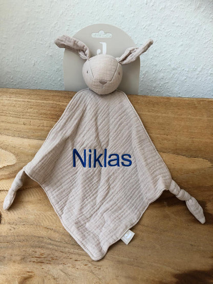 Schnuffeltuch mit Name Bestickt Kuscheltuch personalisiert Tröster Geschenk zur Geburt HASE beige
