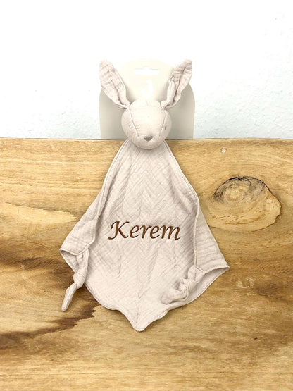 Schnuffeltuch mit Name Bestickt Kuscheltuch personalisiert Tröster Geschenk zur Geburt HASE beige