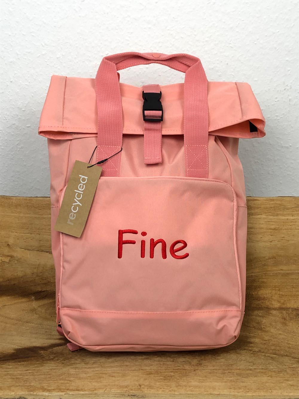 Rucksack mit Name bestickt Rolltop für Kinder und Erwachsene verstellbare Schultergurte 100% Recycled Polyester altrosa