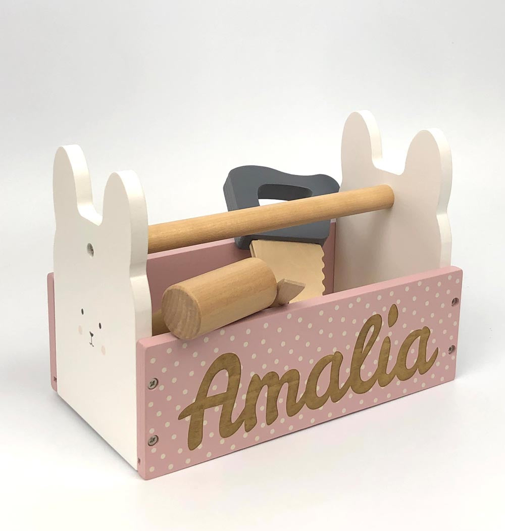Werkzeugkiste Werkzeugkasten aus Holz Hase personalisiert mit Name Baby Geschenk mit Gravur