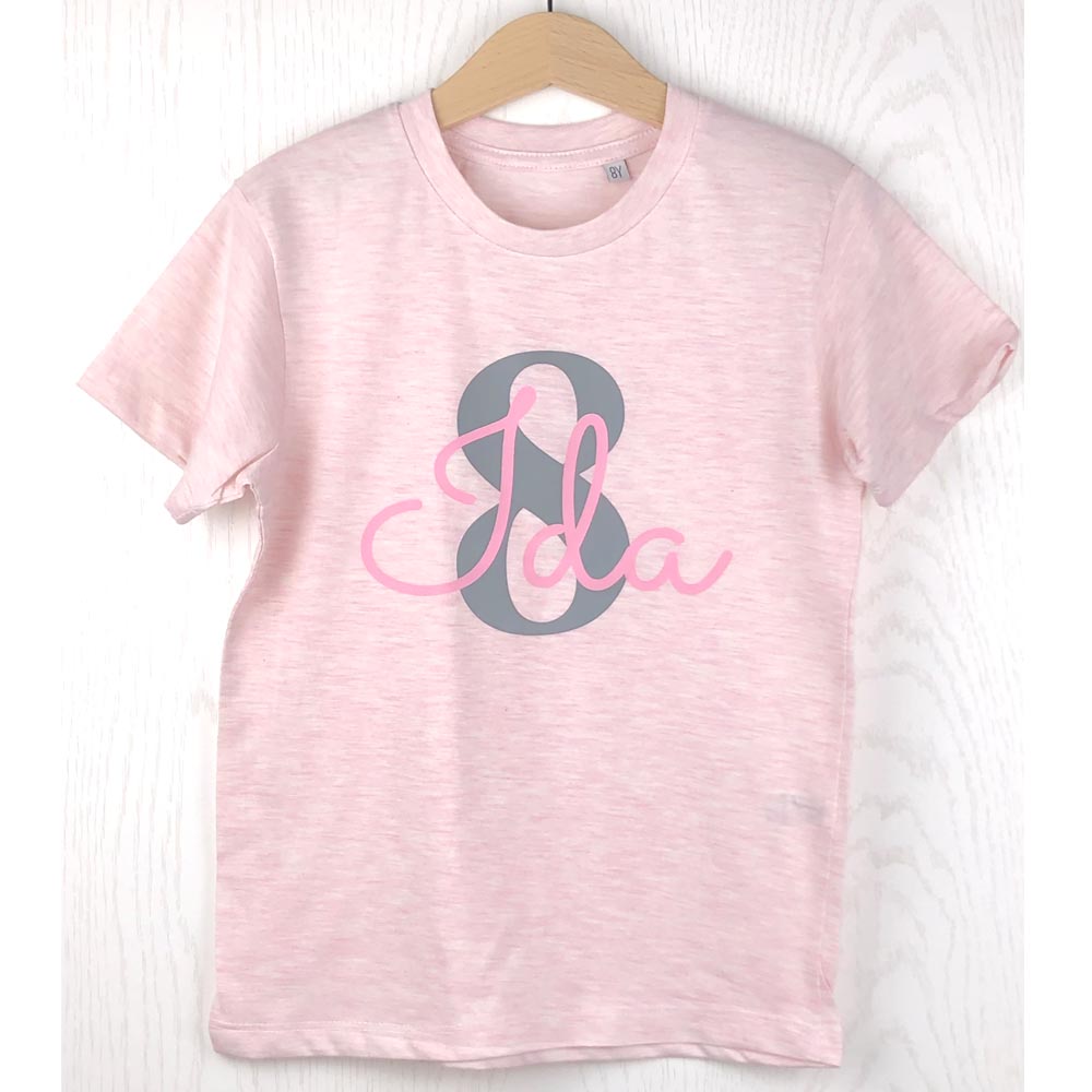 GEBURTSTAGSSHIRT für Baby und Kind mit Namen personalisiert T-Shirt aus Baumwolle Rosa meliert