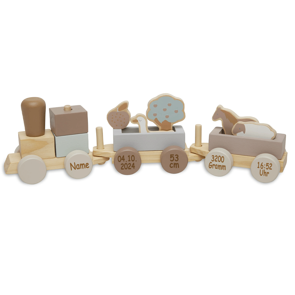 Spielzeugeisenbahn Holzzug für Kinder ab 12 Monate personalisiert mit Name und Geburtsdaten beige