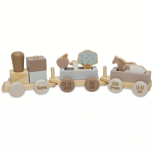 Spielzeugeisenbahn Holzzug für Kinder ab 12 Monate personalisiert mit Name und Geburtsdaten beige