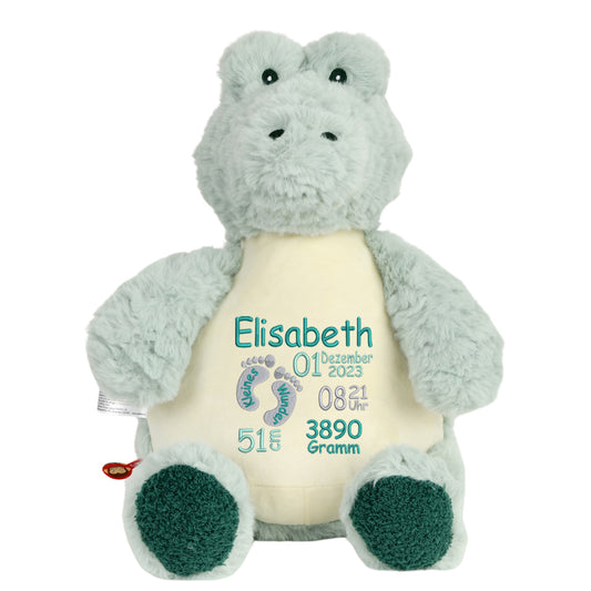 Personalisiertes Stofftier Alligator Kuscheltier Bestickt Plüschtier zur Geburt Stickmotiv Füßchen