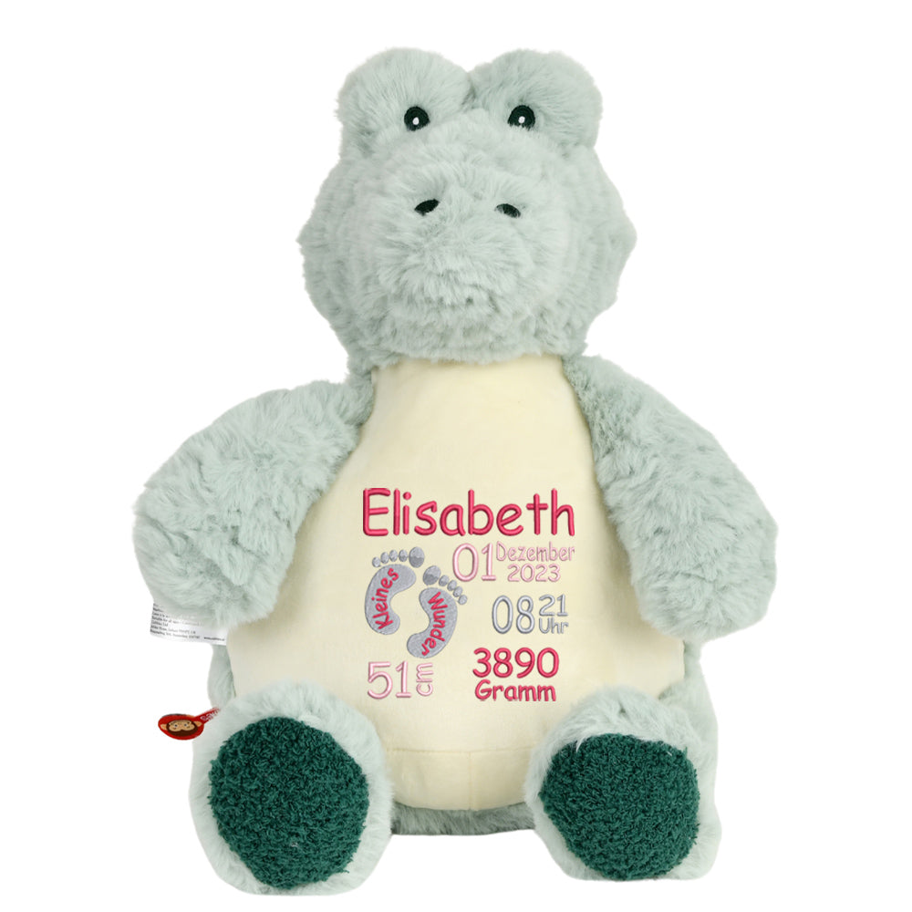 Personalisiertes Stofftier Alligator Kuscheltier Bestickt Plüschtier zur Geburt Stickmotiv Füßchen