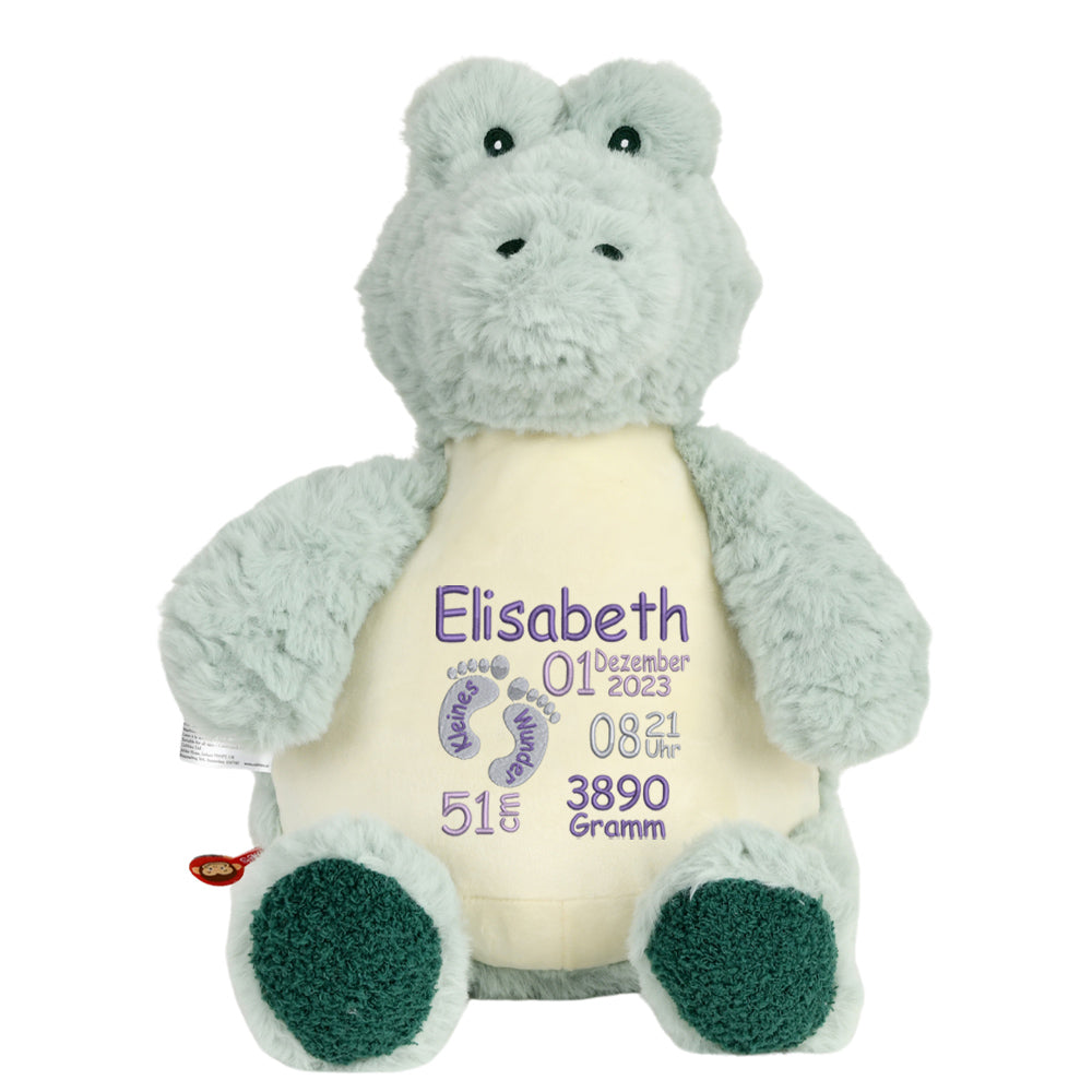 Personalisiertes Stofftier Alligator Kuscheltier Bestickt Plüschtier zur Geburt Stickmotiv Füßchen
