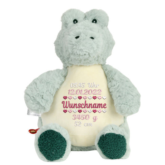 Personalisiertes Stofftier Alligator Kuscheltier Bestickt Plüschtier zur Geburt Stickmotiv Geburtsdaten