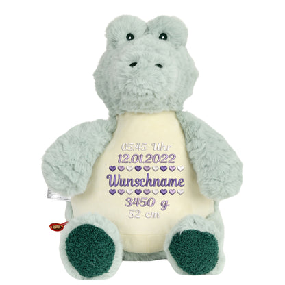 Personalisiertes Stofftier Alligator Kuscheltier Bestickt Plüschtier zur Geburt Stickmotiv Geburtsdaten