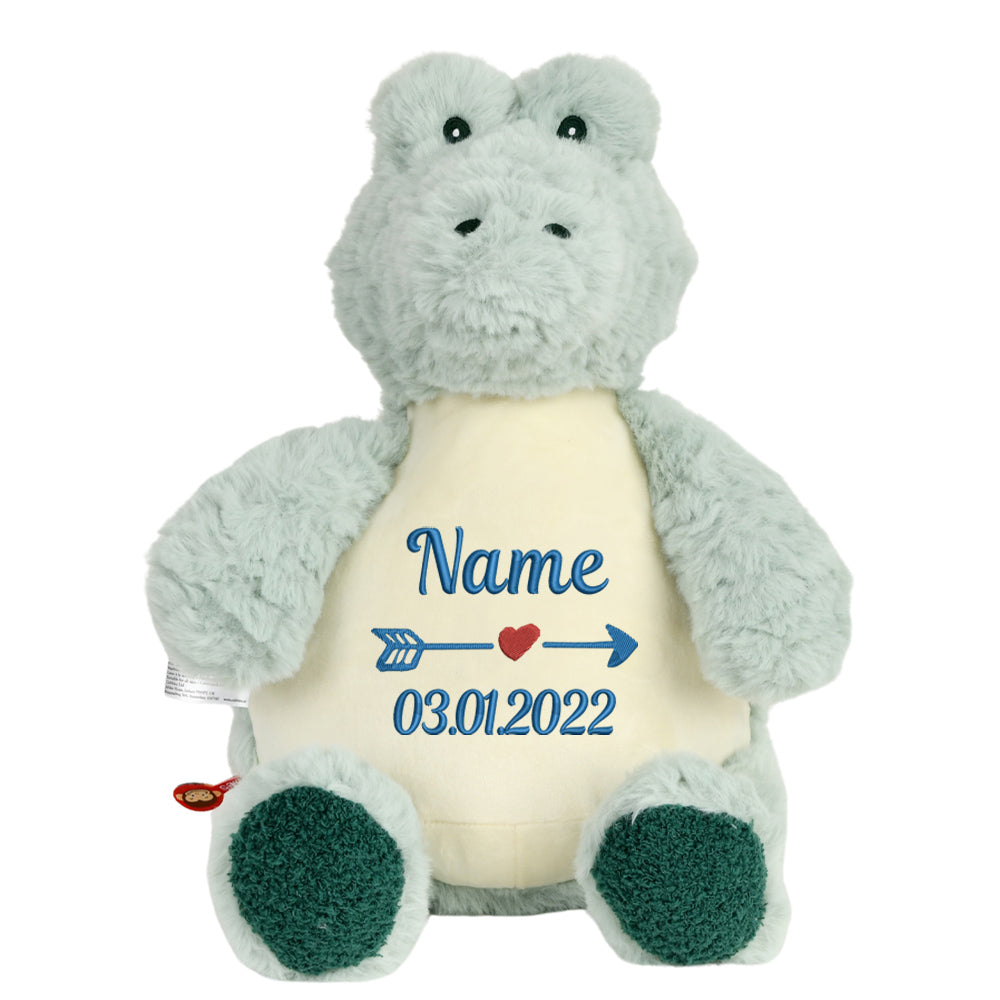 Personalisiertes Stofftier Alligator Kuscheltier Bestickt Plüschtier zur Geburt Stickmotiv Name und Datum
