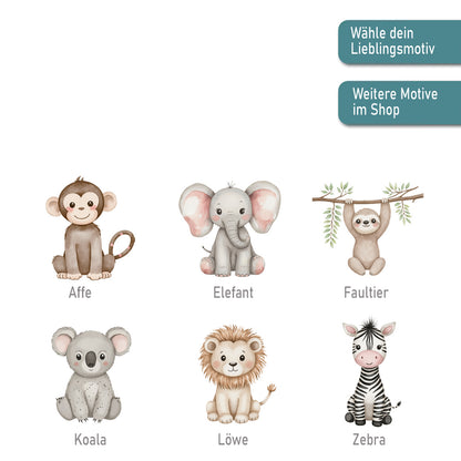 Personalisiertes HALSTUCH für Baby oder Kind aus Baumwolle in Einheitsgröße mit Motiv Dschungeltiere und Wunschname bedruckt