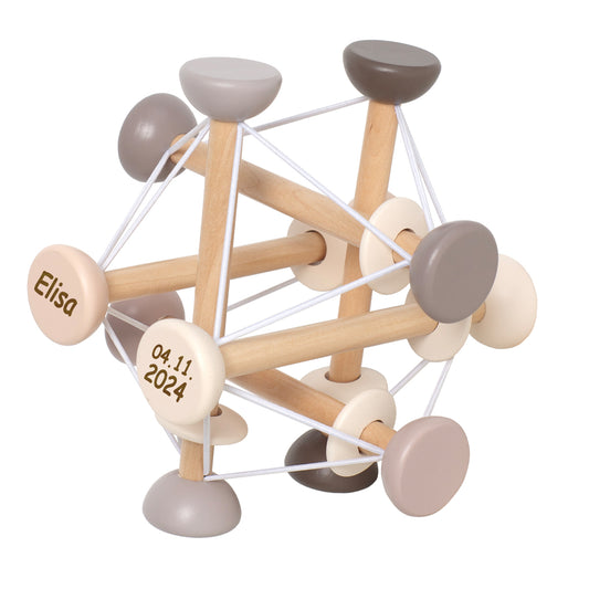 Motorikball für Babys personalisiert mit Name und Geburtsdatum Baby Geschenk mit Gravur Aktivitätsball Montessori Spielzeug aus Holz beige