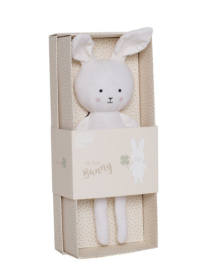 Stofftier aus Musselin mit Name personalisiert in Geschenkverpackung Hase