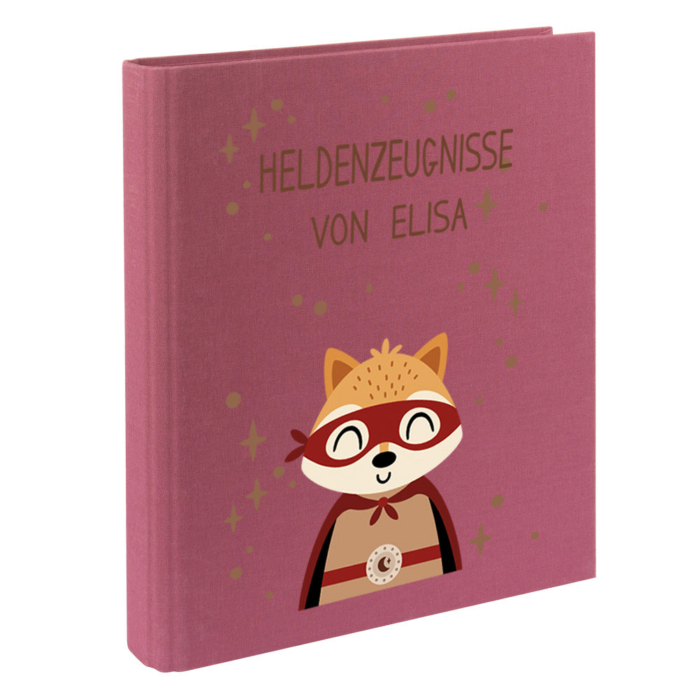 Zeugnismappe mit Namen personalisiert aus Leinen Schulkind Geschenk zur Einschulung Motiv Superheld Fuchs
