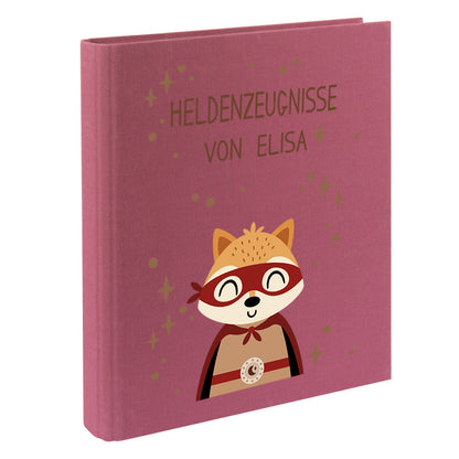 Zeugnismappe mit Namen personalisiert aus Leinen Schulkind Geschenk zur Einschulung Motiv Superheld Fuchs