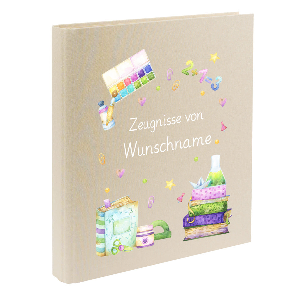 Zeugnismappe mit Namen personalisiert aus Leinen Schulkind Geschenk zur Einschulung Motiv Bücher