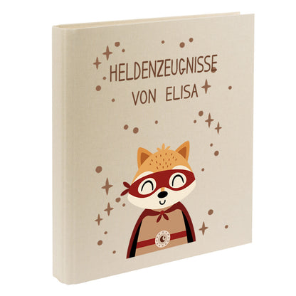 Zeugnismappe mit Namen personalisiert aus Leinen Schulkind Geschenk zur Einschulung Motiv Superheld Fuchs