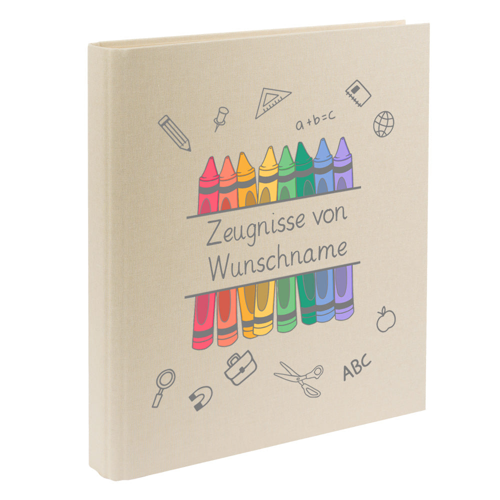 Zeugnismappe mit Namen personalisiert aus Leinen Schulkind Geschenk zur Einschulung Motiv Stifte