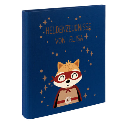 Zeugnismappe mit Namen personalisiert aus Leinen Schulkind Geschenk zur Einschulung Motiv Superheld Fuchs