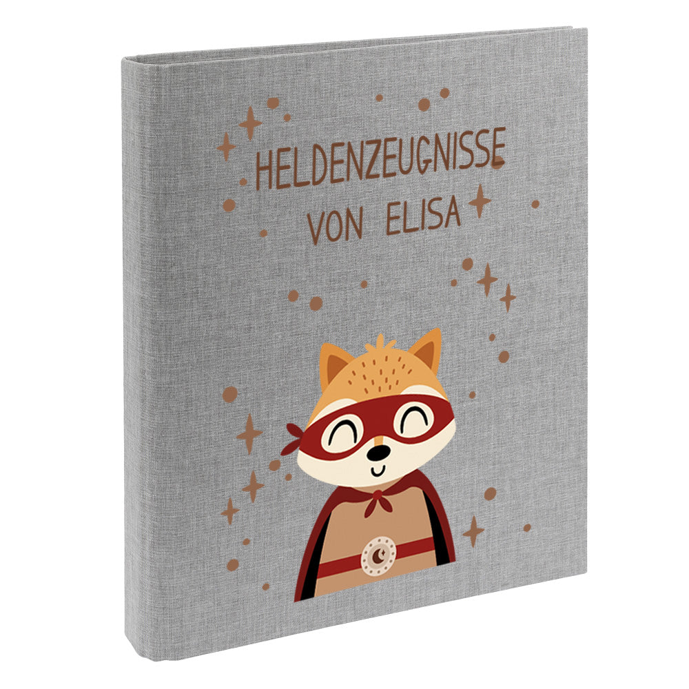 Zeugnismappe mit Namen personalisiert aus Leinen Schulkind Geschenk zur Einschulung Motiv Superheld Fuchs