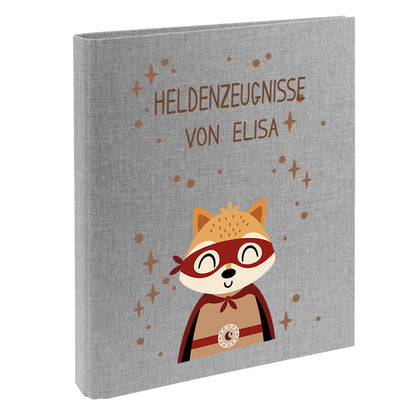 Zeugnismappe mit Namen personalisiert aus Leinen Schulkind Geschenk zur Einschulung Motiv Superheld Fuchs
