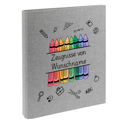 Zeugnismappe mit Namen personalisiert aus Leinen Schulkind Geschenk zur Einschulung Motiv Stifte