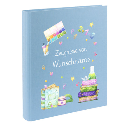 Zeugnismappe mit Namen personalisiert aus Leinen Schulkind Geschenk zur Einschulung Motiv Bücher