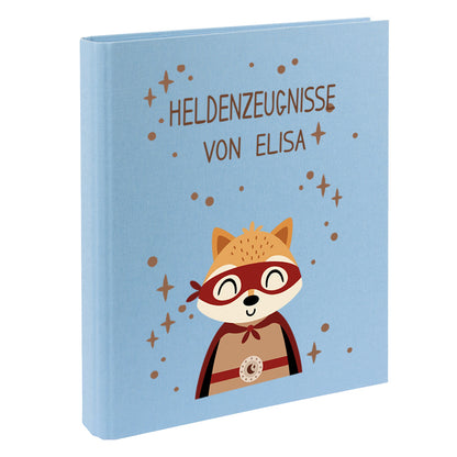 Zeugnismappe mit Namen personalisiert aus Leinen Schulkind Geschenk zur Einschulung Motiv Superheld Fuchs