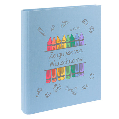 Zeugnismappe mit Namen personalisiert aus Leinen Schulkind Geschenk zur Einschulung Motiv Stifte