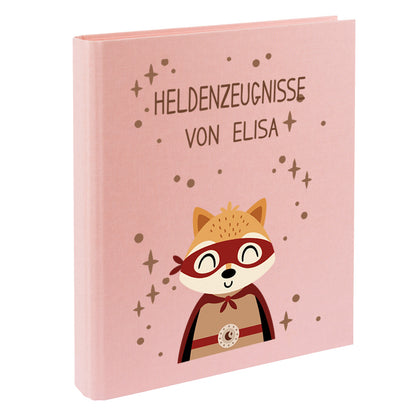 Zeugnismappe mit Namen personalisiert aus Leinen Schulkind Geschenk zur Einschulung Motiv Superheld Fuchs