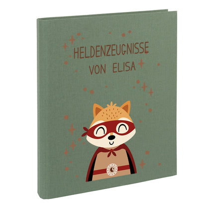 Zeugnismappe mit Namen personalisiert aus Leinen Schulkind Geschenk zur Einschulung Motiv Superheld Fuchs