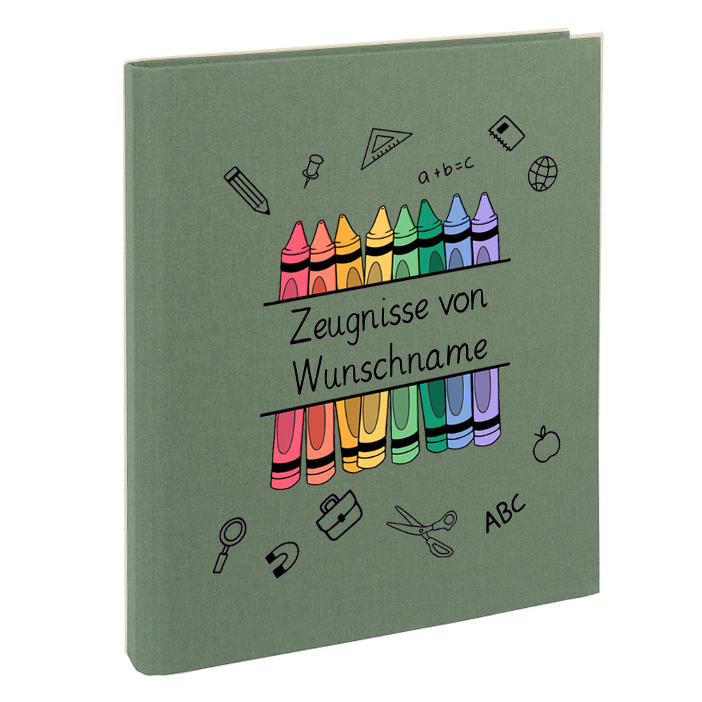 Zeugnismappe mit Namen personalisiert aus Leinen Schulkind Geschenk zur Einschulung Motiv Stifte