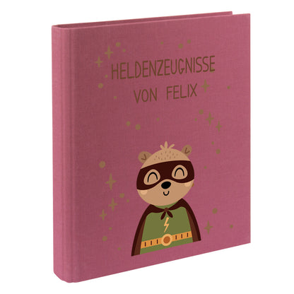 Zeugnismappe mit Namen personalisiert aus Leinen Schulkind Geschenk zur Einschulung Motiv Superheld Bär