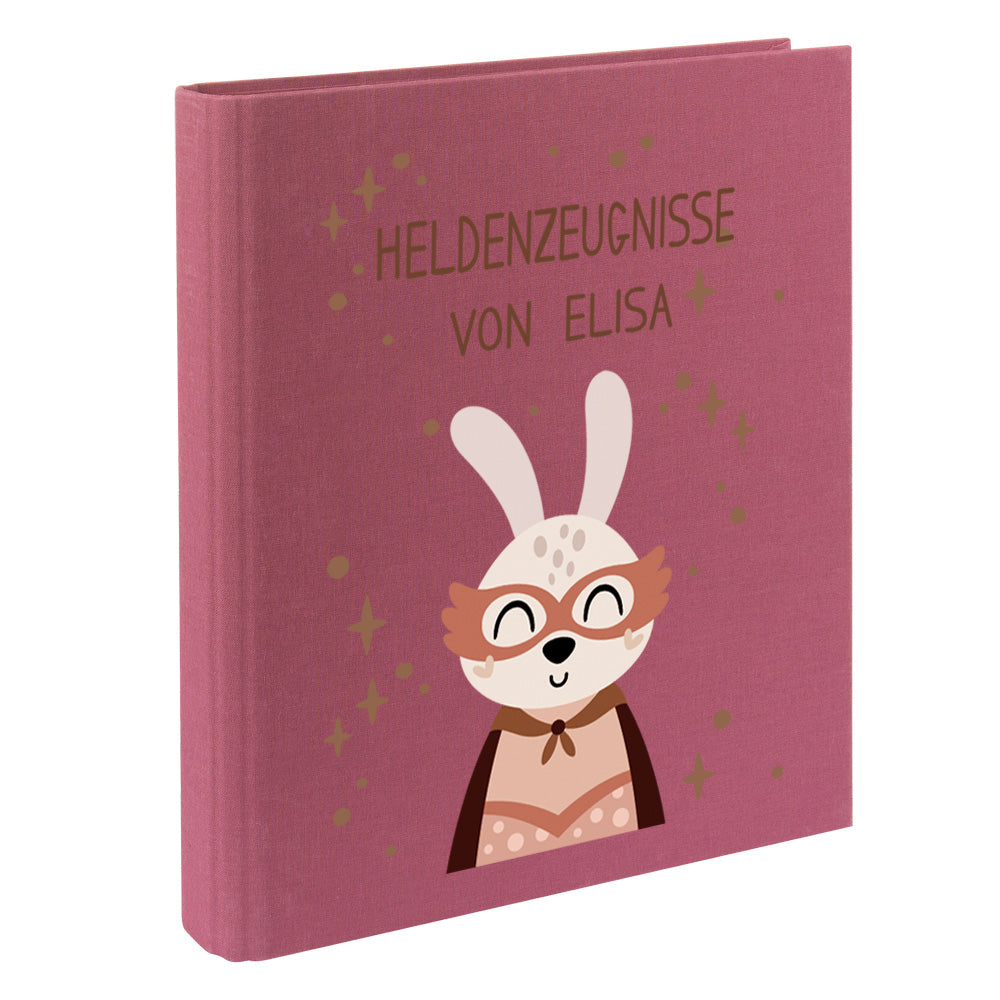 Zeugnismappe mit Namen personalisiert aus Leinen Schulkind Geschenk zur Einschulung Motiv Superheld Hase