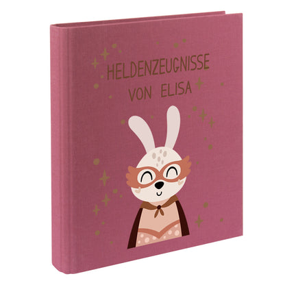 Zeugnismappe mit Namen personalisiert aus Leinen Schulkind Geschenk zur Einschulung Motiv Superheld Hase