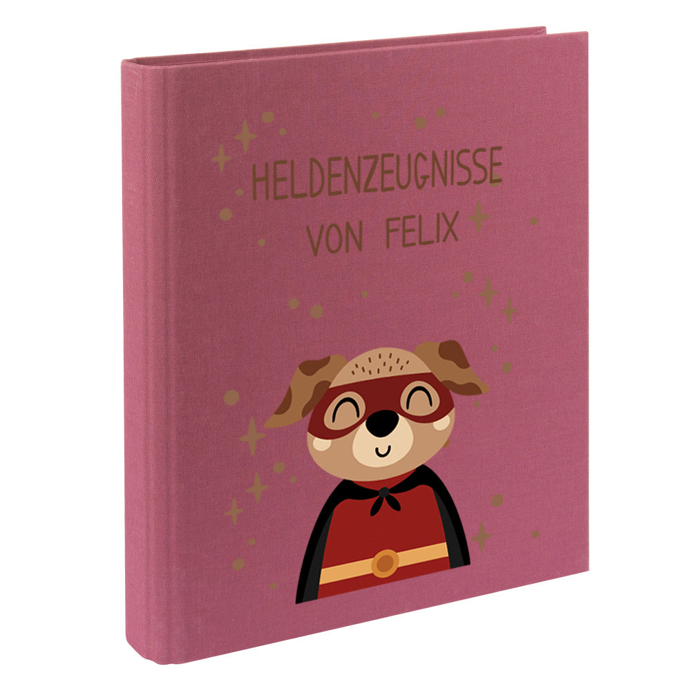 Zeugnismappe mit Namen personalisiert aus Leinen Schulkind Geschenk zur Einschulung Motiv Superheld Hund