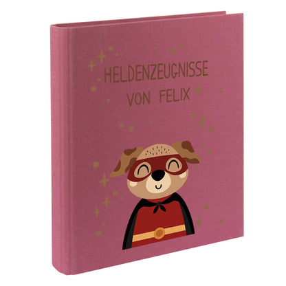 Zeugnismappe mit Namen personalisiert aus Leinen Schulkind Geschenk zur Einschulung Motiv Superheld Hund