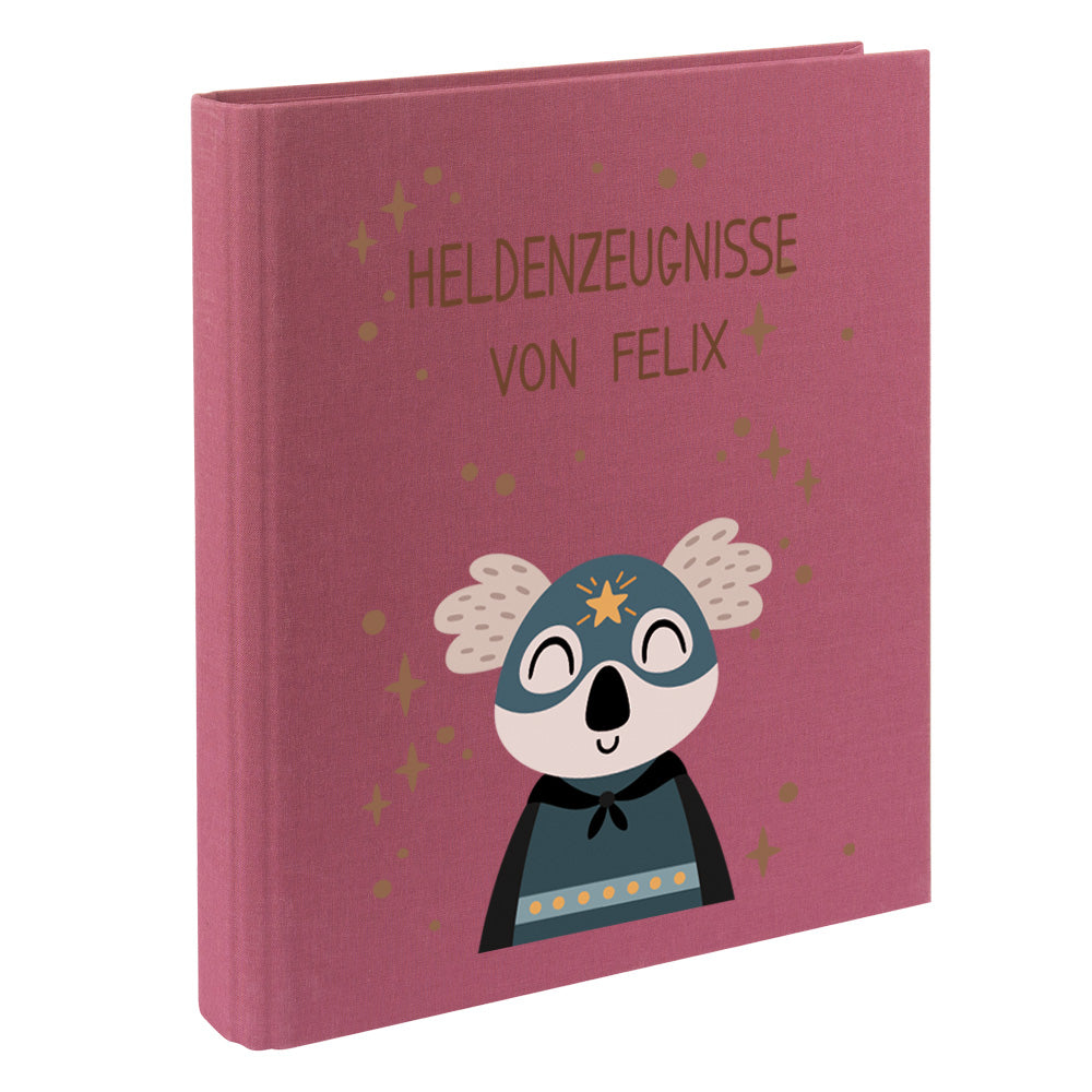 Zeugnismappe mit Namen personalisiert aus Leinen Schulkind Geschenk zur Einschulung Motiv Superheld Koala