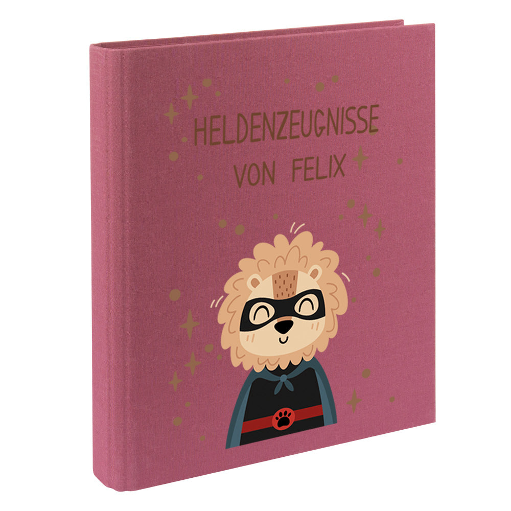 Zeugnismappe mit Namen personalisiert aus Leinen Schulkind Geschenk zur Einschulung Motiv Superheld Löwe
